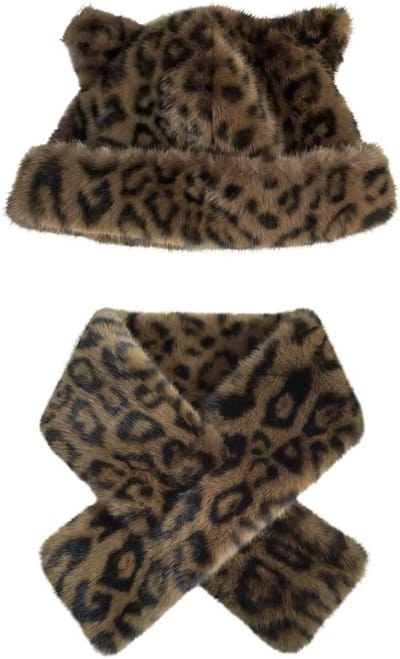 Set met Hoed en Sjaal voor Dames, Fluffy Luipaard Hoed en Sjaal, Zachte Warme Winteraccessoires voor Vrouwen en Meisjes