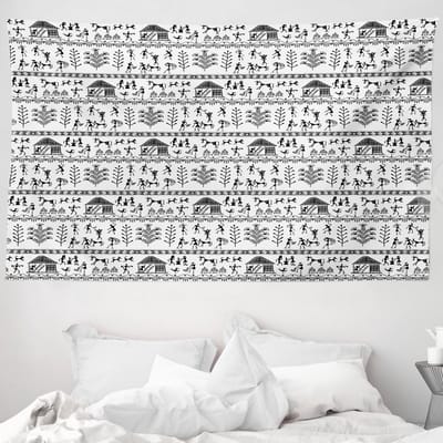 ABAKUHAUS Tribaal wandtapijt, Warli-kunst met tribale en landelijke folkloristische elementen, 230 x 140 cm, zwart-wit