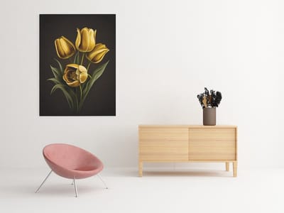 Canvas Schilderij Bloemen - Gouden Tulpen - Wanddecoratie - 75 x 100 cm