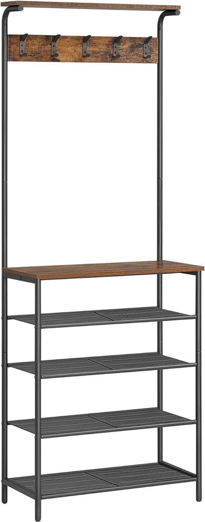 FurnStar - Kledingrek - halboom met schoenenopberger - schoenenrek met 5 niveaus - verschillende hoogtes - 5 dubbele haken - bovenste plank - slaapzaal in de gang industrieel rustiek - bruin en zwart