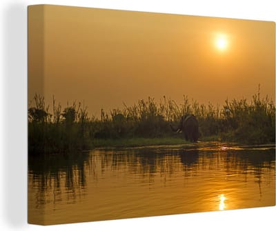 Canvas Schilderij Zonsondergang langs de Zambezi rivier in het Nationaal park Lower Zambezi - 30x20 cm - Wanddecoratie