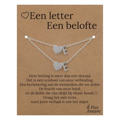Letter E ketting + armband set op Cadeau Kaartje - Een letter, een belofte - Zilverkleurig Stainless Steel - Initiaal & Hartje Hanger - Pax Amare