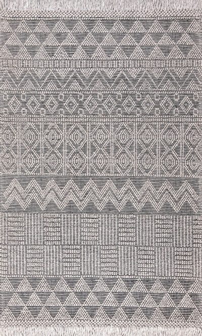 Nourison Anya 01Grey Black Vloerkleed - 160 x 220 cm - Grijs - Rechthoekig - Wol - Woonkamer - Ethnisch, Geometrisch, Strepen - Boho, Modern