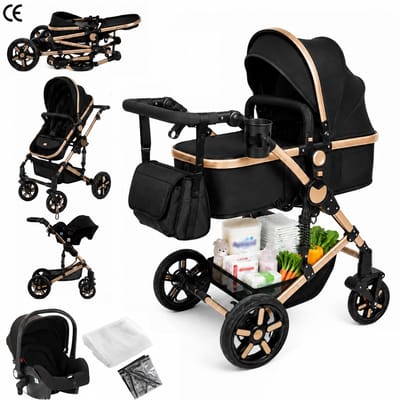 3-in-1 kinderwagen reissysteem – Kinderwagen en buggy met autostoeltje – Lichtgewicht, opvouwbaar en compact – Schokdempende wielen – Omkeerbare zitting – Verstelbare rugleuning en duwstang – UV-bescherming – Ruime opbergmand