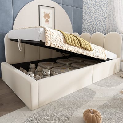 Slaapbank met zachte bekleding - 90 x 190 cm - Slaapbank met hydraulisch opbergsysteem - Opklapbed met metalen lattenbodem - Fluweel - Beige - Zonder matras