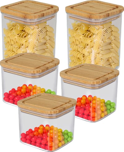 Bambou & Co keuken voorraadpotten - 5x stuks - 0.8L/1L - kunststof/bamboe - met luchtdichte deksel