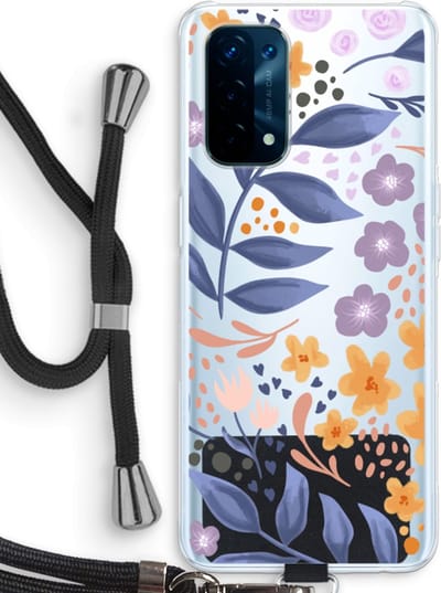 Case Company® - Hoesje met koord geschikt voor Oppo A74 5G hoesje met Koord - Flowers with blue leaves - Telefoonhoesje met Zwart Koord - Bescherming aan alle Kanten en Over de Schermrand