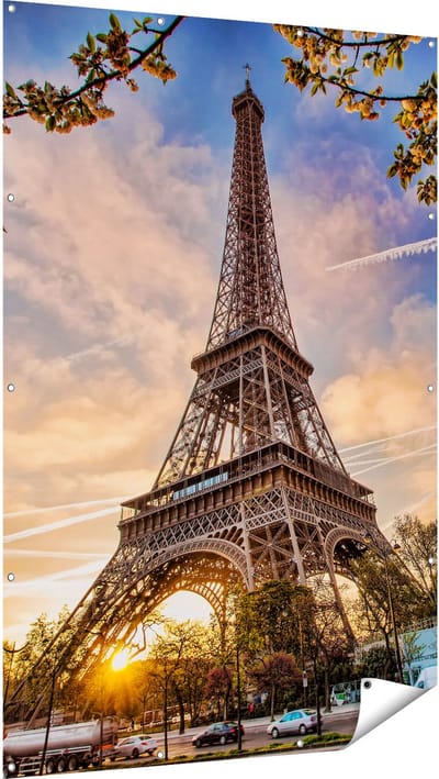 Gards Tuinposter Eiffeltoren in Parijs tijdens Zonsondergang - 120x180 cm - Tuindoek - Tuindecoratie - Wanddecoratie buiten - Tuinschilderij