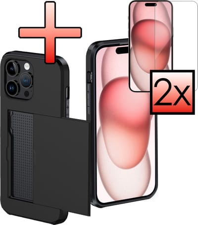 Hoes Geschikt voor iPhone 15 Pro Hoesje Pasjeshouder Hard Cover Met 2x Screenprotector Shock Proof Hard Case Hoes Met Kaarthouder - Zwart