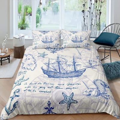 Nautische Dekbedovertrek Set Boot Piraat Beddengoed Set King Size Retro Zeilboot Bruin Dekbedovertrek Anker Kompas Vintage Quilt Set AU Single(140x210cm)