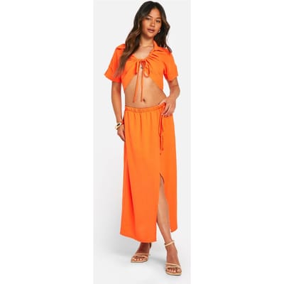 boohoo Dames Hammered Ruched Front Shirt & Wrap Midaxi Skirt | Oranje Rood | Maat: 34