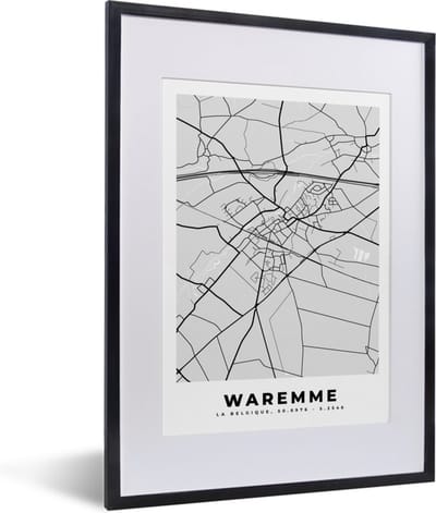 Fotolijst incl. Poster Zwart Wit- Stadskaart – Zwart Wit - Kaart – Waremme – België – Plattegrond - 30x40 cm - Posterlijst
