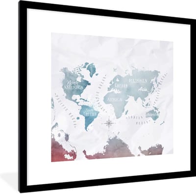 Poster in lijst - Fotolijst 40x40 cm - Posters - Wereldkaart - Blauw - Olieverf - Posterlijst zwart - Decoratie - Wanddecoratie woonkamer - Muurdecoratie slaapkamer