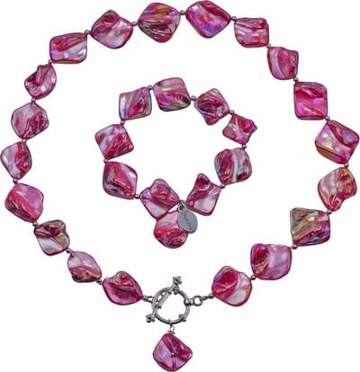 Parelmoeren ketting set Shell AB Pink - parelmoer ketting + parelmoer armband - pink - luxe sieraden zakje - roze ketting - roze armband - ketting dames - armband dames