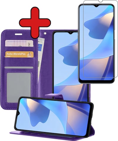 Hoesje - Met Screenprotector - Geschikt voor OPPO A16 - Luxe Pasjeshouder - Flipcase - Bookcase Portemonee - Flip Case - Kunstleer Book Case - Book Cover - Walletcase - Portemonneehoes - Telefoonhoes - Paars