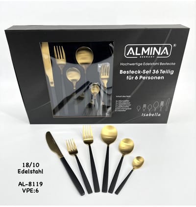 Almina Isabella Bestekset – 36-delig – 6 Personen – Edelstaal – Zwart/Goud