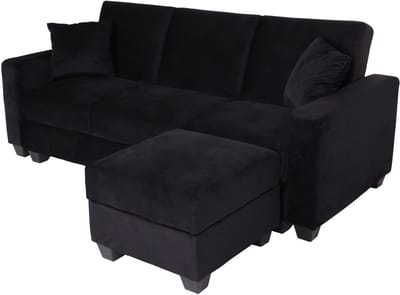 Sofa MCW-H47 met voetenbank, slaapbank logeerbed, slaapfunctie opbergruimte 217x145cm ~ fluweel zwart