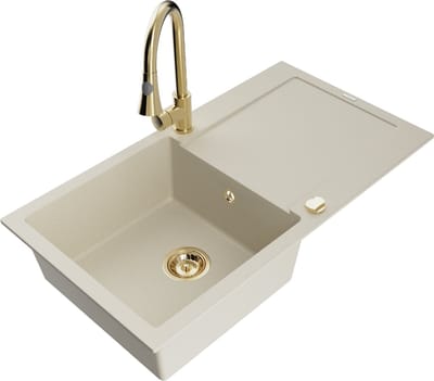 Mexen Leo granieten gootsteen 1-bak met afdruiprek en keukenmengkraan Elia, beige - 6501-69-670101-50