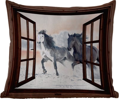 Sierkussen Buiten - Paarden - Winter - Dieren - Natuur - Doorkijk - 60x60 cm - Weerbestendig