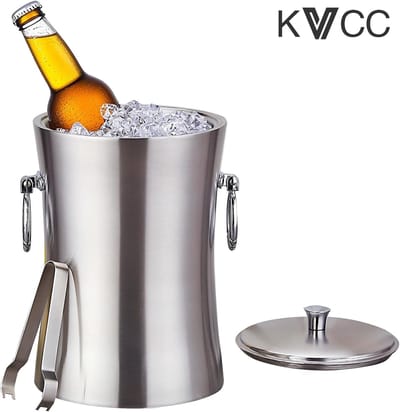 Ijsemmer dubbelwandig met deksel-ijsblokjes emmer-Grote ijsemmer van 2 liter - met deksel en klemmen - roestvrij staal - dubbel ijsblokjesrek - zilver - 22x13,8x13,8 cm