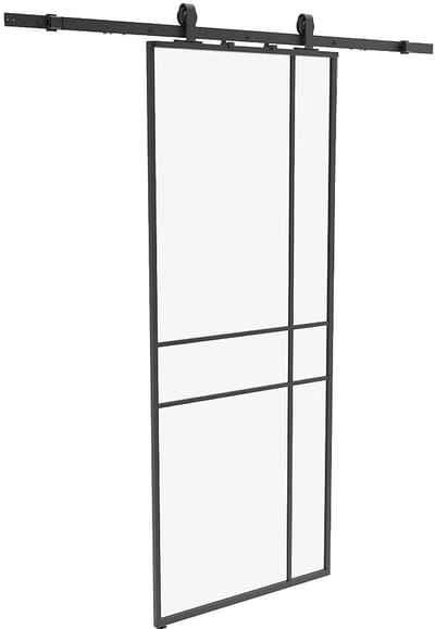 Vente-unique Schuifdeur met opbouwsysteem en asymmetrisch design - aluminium en gehard glas - H204 x B83 cm - Zwart - SANIVA