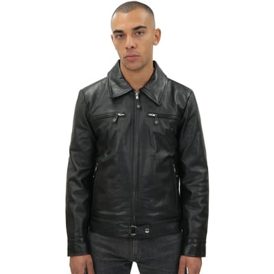 Heren zwart rundleer Harrington jas-Genève