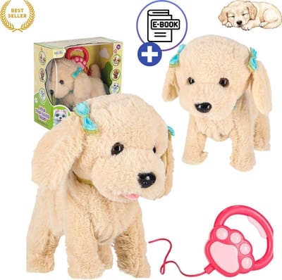 Ikonka Interactieve Poodle Hond Met Lijn – Lopende Blaffende Knuffel Pudel Voor Kinderen – Speelgoed 3 Jaar - Bewegend Speelgoed Met Geluid, Kwispelende Staart, Educatief Speelmaatje 3+ Voor Rollenspel - Met E-Book