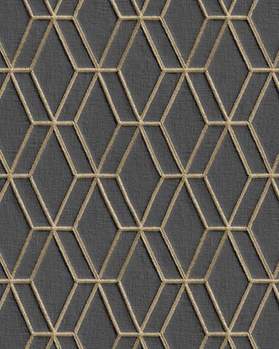 Grafisch behang Profhome DE120066-DI vliesbehang hardvinyl warmdruk in reliëf gestempeld met ruitvormig patroon glimmend antraciet goud 5,33 m2