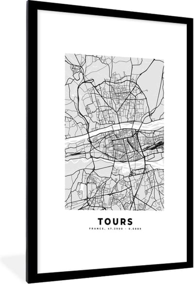 Fotolijst incl. Poster - Frankrijk - Plattegrond - Kaart - Tours - Stadskaart - 60x90 cm - Posterlijst