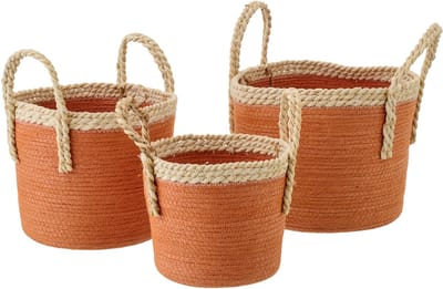 J-Line mand met handvatten - papier - naturel/donkeroranje - set van 3