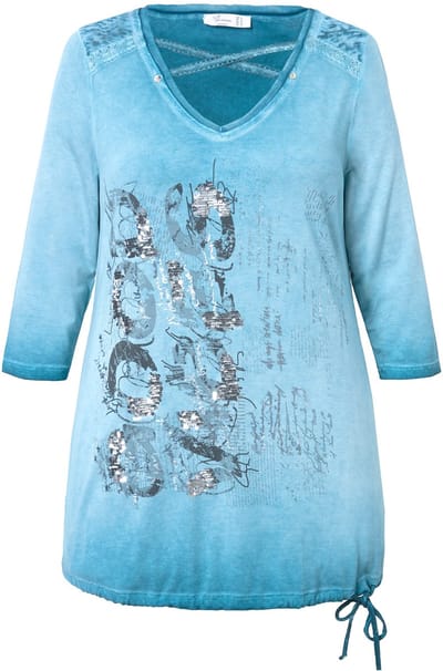 MIAMODA - Dames - Longshirt versierde print zoomknoop - Donkerpetrol - Maat 44