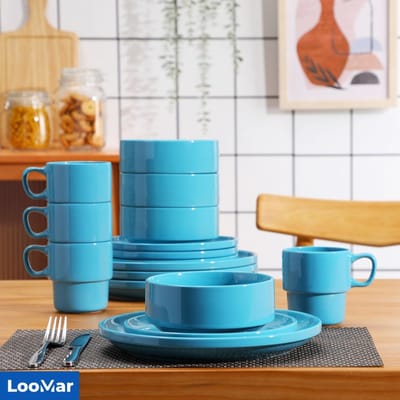 LooMar Luxe Serviesset – 48 delig – 12 persoons – Porselein - Bordenset – Dinner platen – Dessertborden - Kommen - Mokken - Set - Licht Blauw