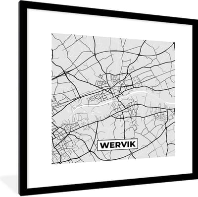 Fotolijst incl. Poster Zwart Wit- Stadskaart – Zwart Wit - Kaart – Wervik – België – Plattegrond - 40x40 cm - Posterlijst