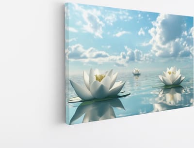 Saammp Canvas Schilderij - Natuur - 2 Witte Lotusbloemen - landschap - 45x30 - Foto op canvas - Wanddecoratie - Muurdecoratie Woonkamer - Slaapkamer decoratie - Canvas Print