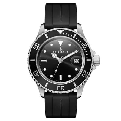 Tide II | Zilverkleurig roestvrijstalen duikhorloge met kwartsuurwerk, zwarte wijzerplaat, zwarte rubberen band en cycloopglas