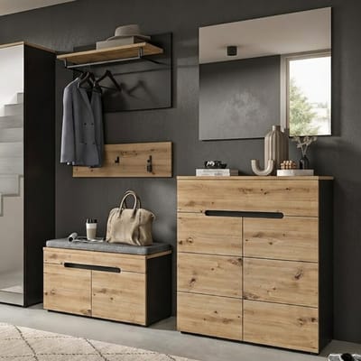 NovaLine kledingkastenset 2-Delig - Moderne Halmeubelset met Schoenenkast, lade en spiegel - Eiken Artisan & BasaltgrijsCasa Serena – Afmetingen op aanvraag – Casa Dorada