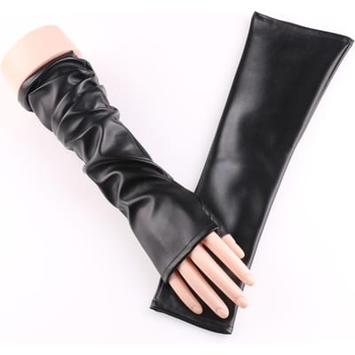 Boîte de nuit Gants en cuir longs pour femmes Design à la mode assorti à la fourrure Performance de danse Gants en cuir cuir One Size black
