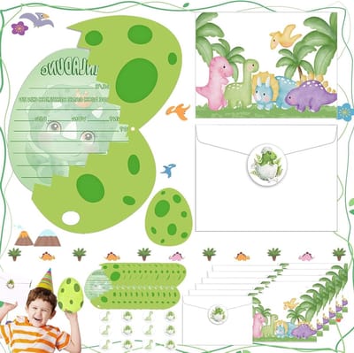 36 Uitnodigingskaarten Dinosaurus Thema voor Kinderverjaardag feest - Set van 36 stuks met stickers - Groen en wit design - Dinosaurus verjaardagsuitnodigingen | Feestartikelen dinosaurus thema