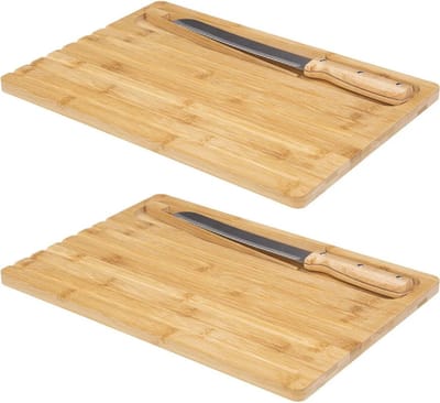 2x Stuks brood snijplank 40 x 27 cm van bamboe hout inclusief broodmes en pincet - Serveerplank - Broodplank