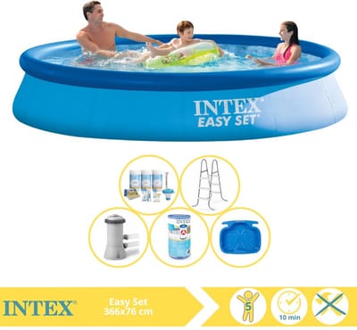 Intex Rond Opblaasbaar Easy Set Zwembad - 366 x 76 cm - Blauw - Inclusief Pomp - Onderhoudspakket - Filter - Ladder - Voetenbad - 6-delig