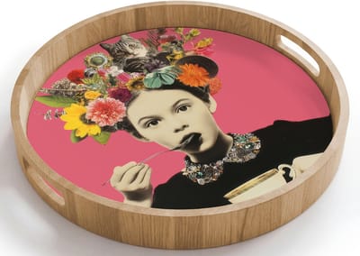 Dienblad rond 40x40 cm - Schootdienblad hout - Meisje - Kopje - Bloemen - Roze - Borrelplank rechthoek - Plateau houten dienbladen