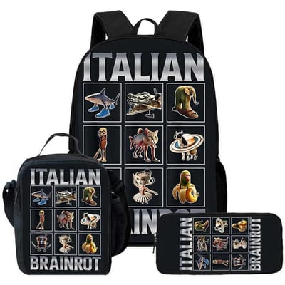 Cartoon Brain Rot Kind Schoolrugzak Met Lunchtassen Etui Voor,Lichtgewicht Kinderschooltassen black