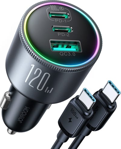 120W Autolader met 100W USB C naar USB C Kabel - USB C & USB A 3.0 Poorten - Zwart Grijs - Joyroom