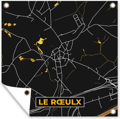 Tuin poster Black en gold - Stadskaart - Le Rœulx - Plattegrond - Kaart - 200x200 cm - Tuindoek