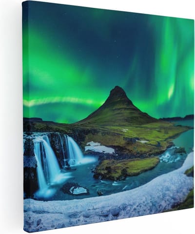 Artaza Canvas Schilderij Waterval - 30x30 cm - Klein - Wanddecoratie IJsland - Muurdecoratie Noorderlicht - Kamer Accessoires Bergen