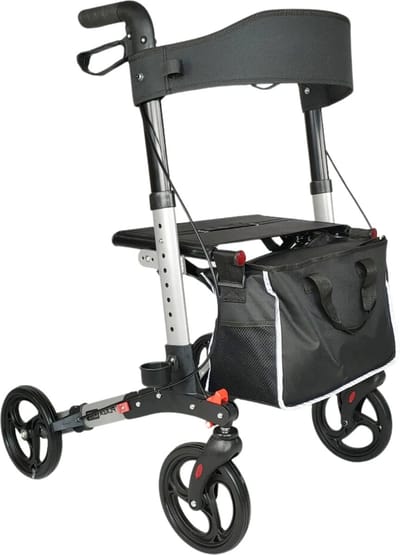 Rollator Plaza Lite - Lichtgewicht - Drie dubbel opvouwbaar - Anti-lek banden Soft Banden - Past in elke auto - Weegt 6,9 kg - Zilver - Inclusief boodschappentas, stokhouder en rugsteun