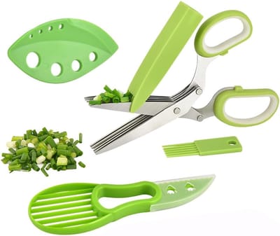 vierdelig pak, kruidenschaar keuken, bieslook, roestvrij staal, keukenschaar, 5 messen, met reinigingskam, veiligheidsafdekking en strijkgaten, voor groenten, peterselie, koriander