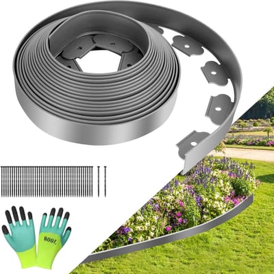 Flexibele tuinrand van PE-plastic, 10m lang en 5cm hoog, inclusief 60 grondankers en handschoenen voor gazon, beton en grindgebieden
