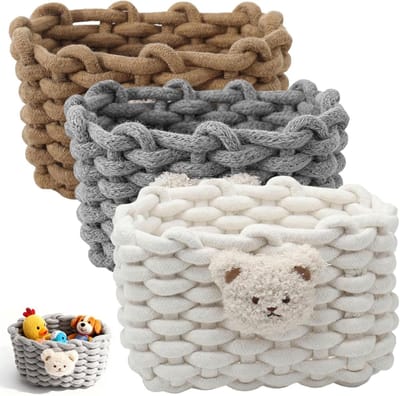 3 stuks katoenen opbergmanden, gevlochten opbergmand, 19 x 15 x 13 cm, decoratieve gebreide mand, gevlochten mand voor slaapkamer, keuken, bureau, make-uptafel
