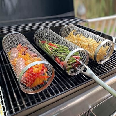 Roestvrijstalen barbecuemand/groentemand Geschikt voor buitenbarbecue, cilindrische barbecuemand, 20 cm per stuk